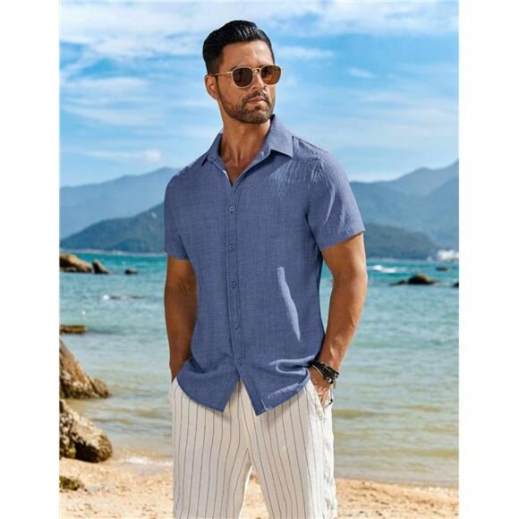 Mens Button Down Short Sleeve Shirt Casual Beach Shirt Summer Vacation - Picture 3 of 6